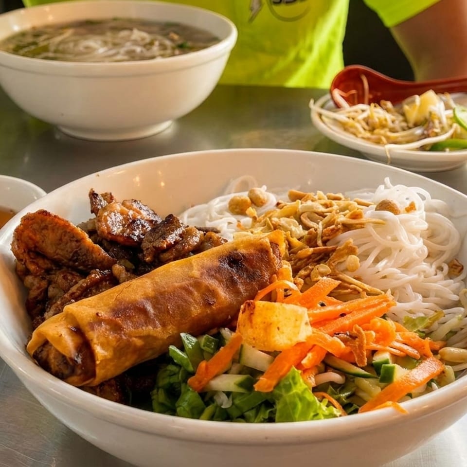 A large bowl of Vietnamese vermicelli noodles with grilled pork, egg roll, and vegetables.