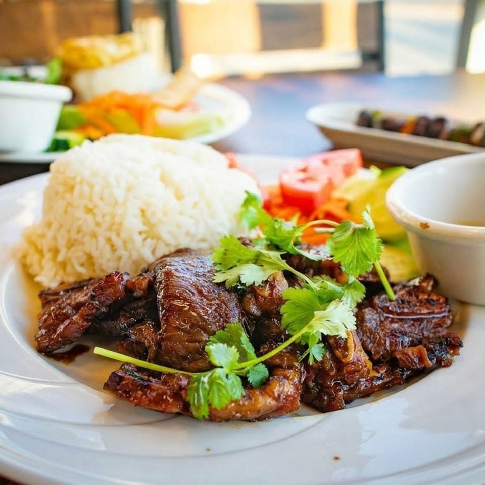 Grilled meat with rice, fresh cilantro, and vegetables on a white plate, with other dishes blurred in the background.