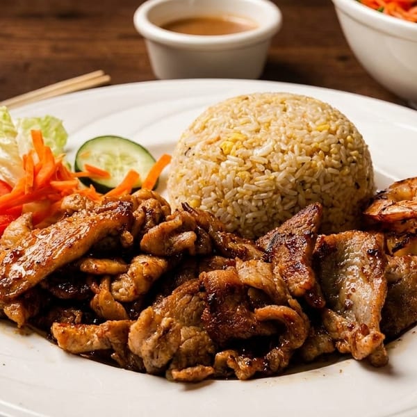 Grilled pork and shrimp with fried rice, tomato, cucumber, and lettuce on a white plate.