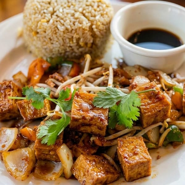 Tofu stir-fry with vegetables, rice, and a side of soy sauce on a white plate.