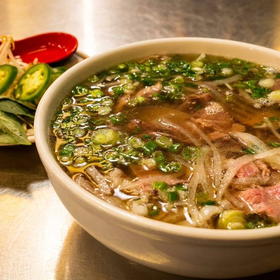 A bowl of pho with beef, noodles, and green onions, with a side of basil, bean sprouts, and jalapeños.