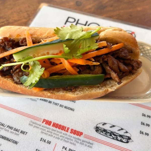 A delicious banh mi sandwich with grilled beef, pickled carrots, cucumbers, and cilantro on a plate.